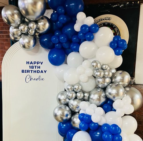 3 Blue, white and silver balloon garland with a personalised Happy 18th Birthday Charlie sign