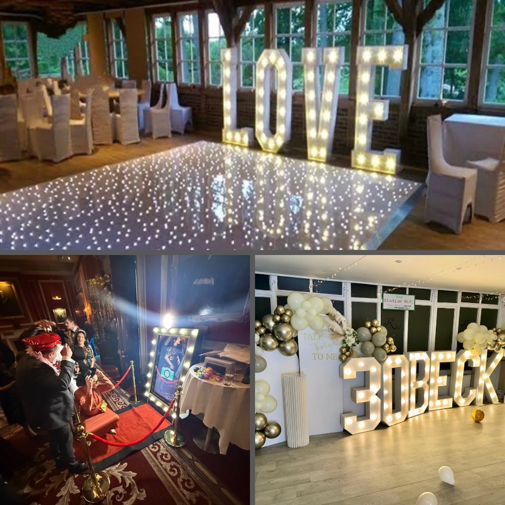 Collage of LOVE light-up letters, a magic mirror photobooth and birthday letters at various London Event DJs events