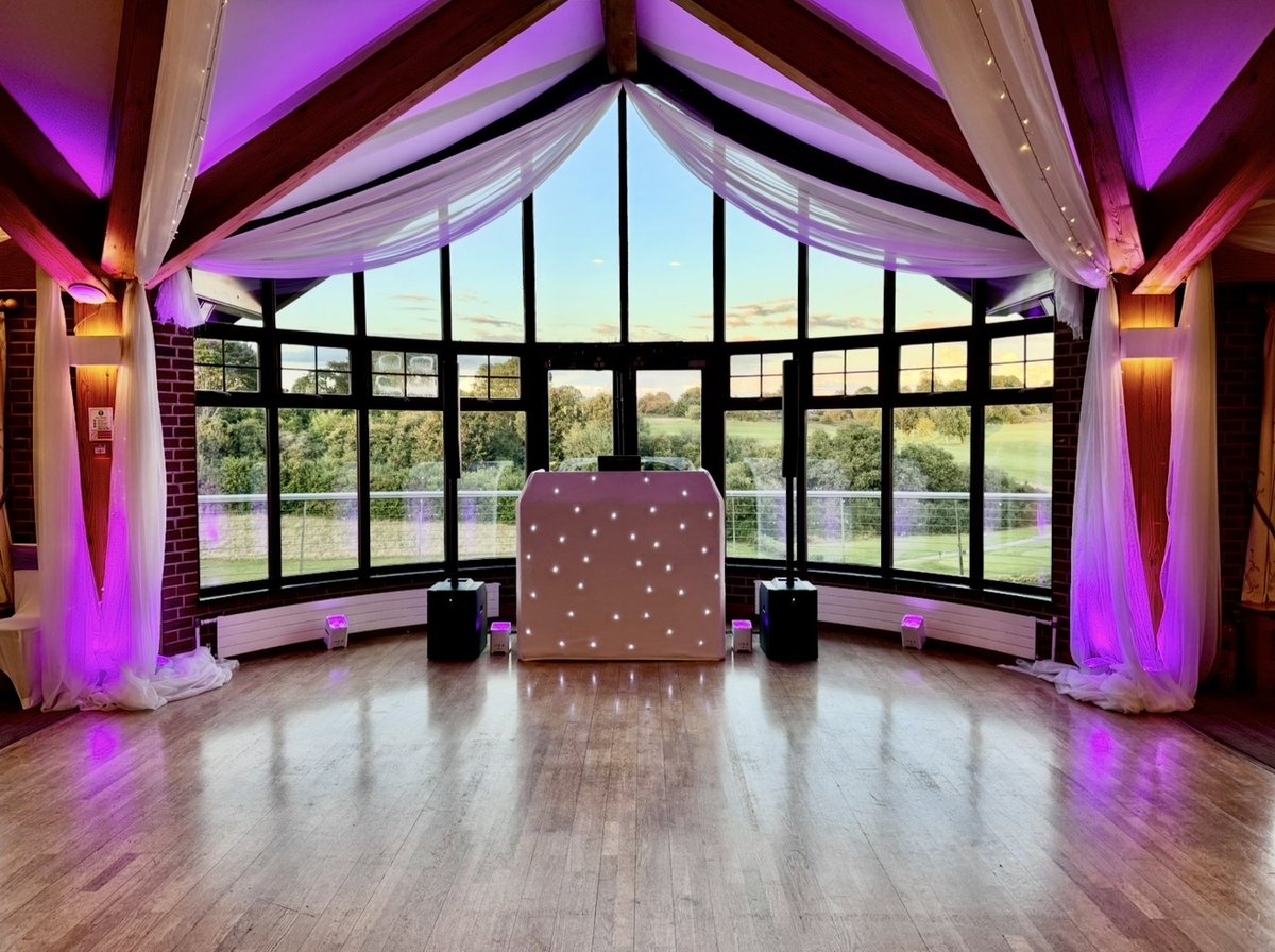 Surrey National Golf Club — white LED dancefloor with purple uplighting transformation, London Event DJs